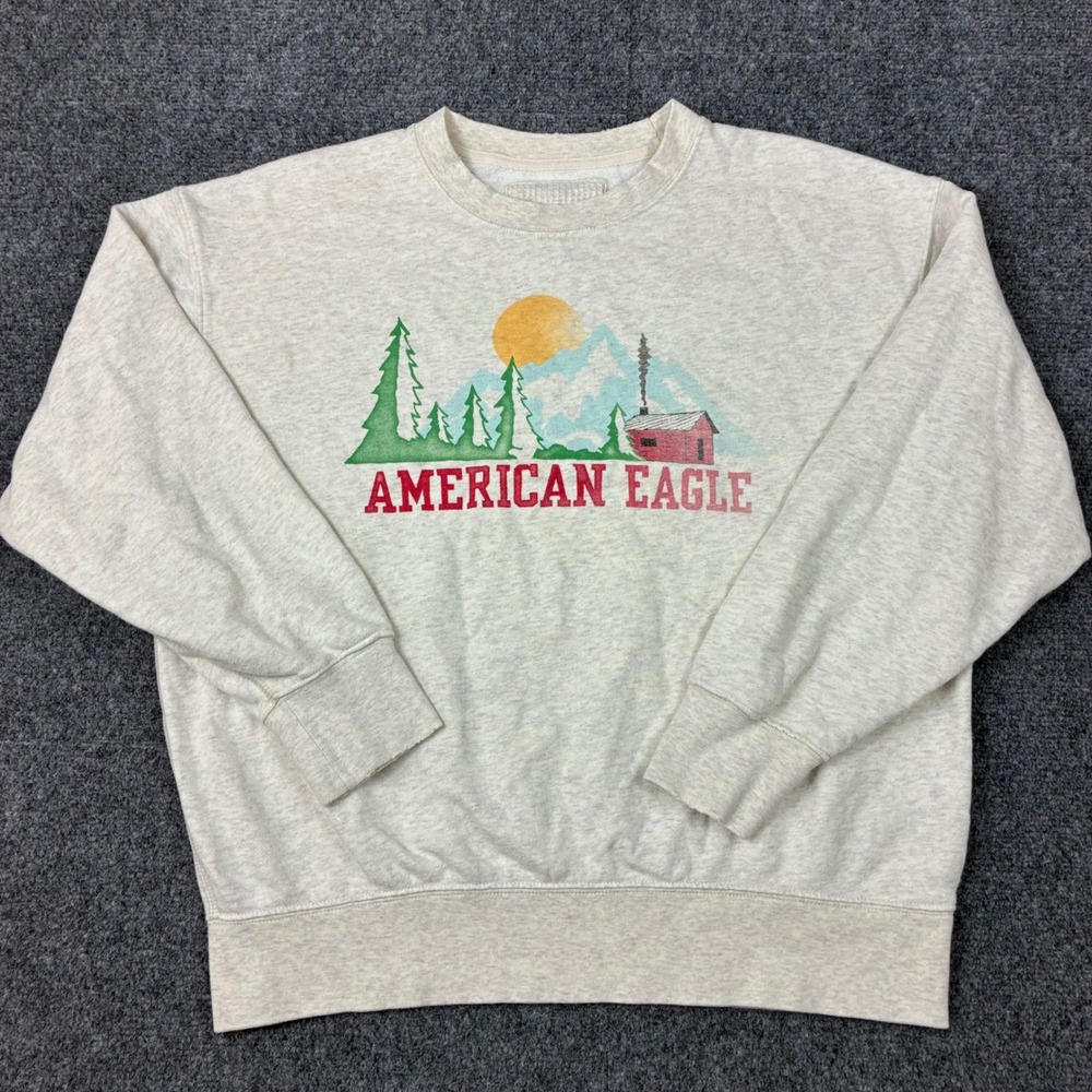 American Eagle Cabin Mountain Design Sweatshirt Oatmeal Heather Womens Size XS
